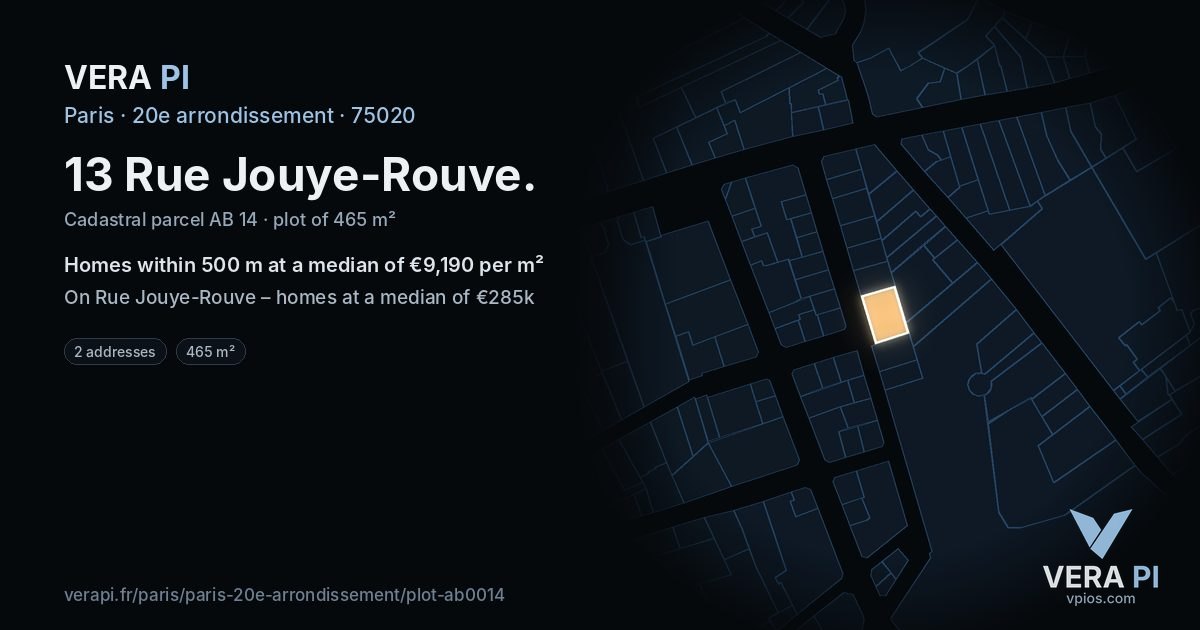 13 Rue Jouye-Rouve, 20e arrondissement at night – the plot lit, the parcels around coloured by the prices near them