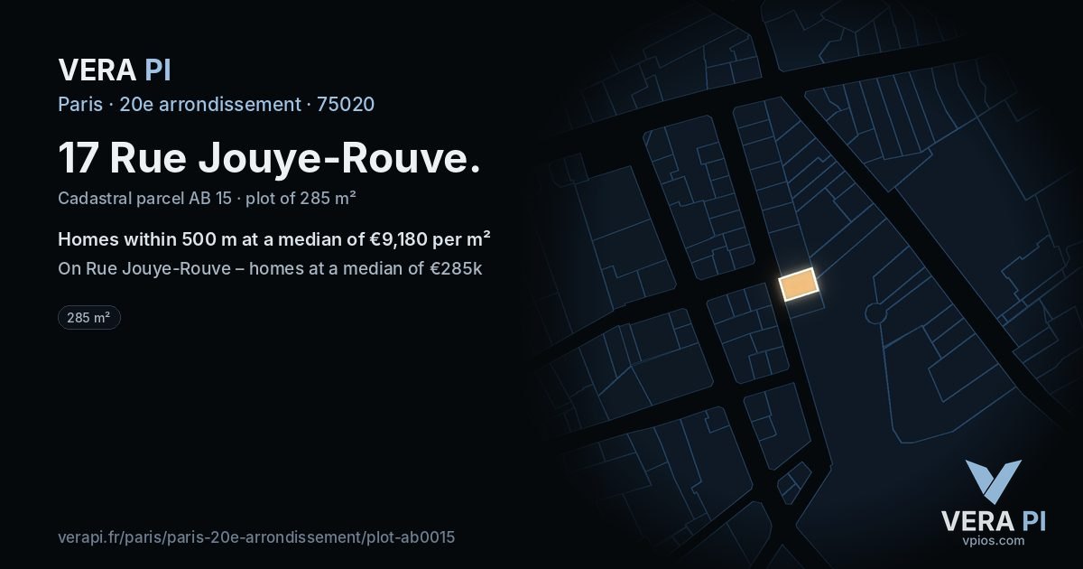 17 Rue Jouye-Rouve, 20e arrondissement at night – the plot lit, the parcels around coloured by the prices near them