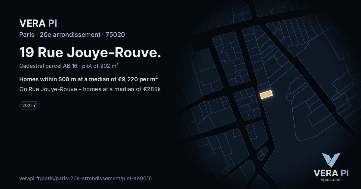19 Rue Jouye-Rouve, 20e arrondissement at night – the plot lit, the parcels around coloured by the prices near them