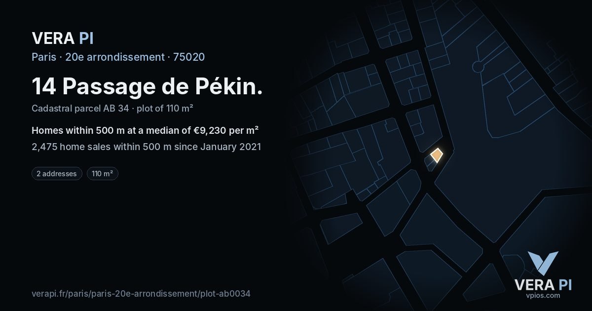 14 Passage de Pékin, 20e arrondissement at night – the plot lit, the parcels around coloured by the prices near them