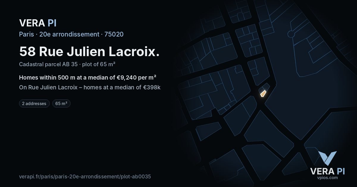 58 Rue Julien Lacroix, 20e arrondissement at night – the plot lit, the parcels around coloured by the prices near them