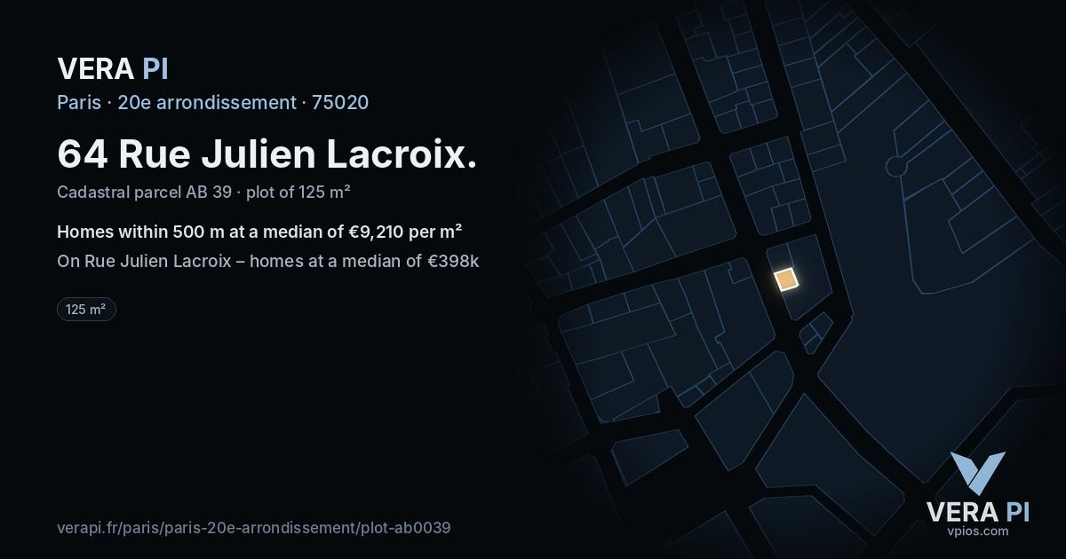 64 Rue Julien Lacroix, 20e arrondissement at night – the plot lit, the parcels around coloured by the prices near them