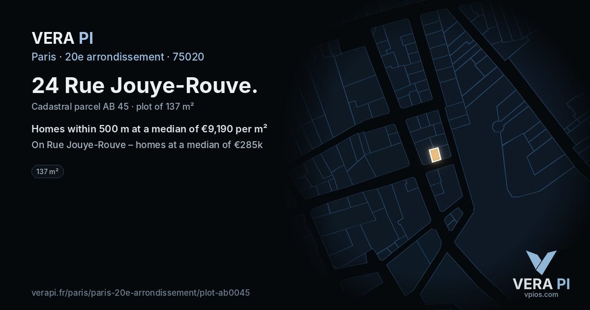 24 Rue Jouye-Rouve, 20e arrondissement at night – the plot lit, the parcels around coloured by the prices near them