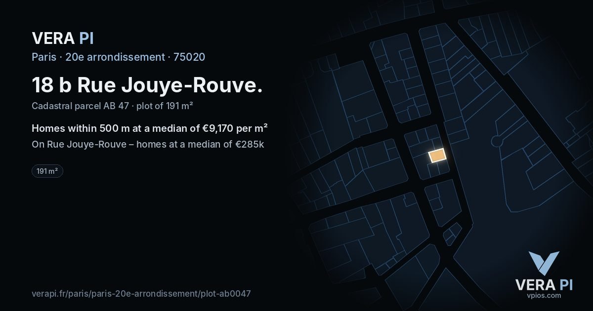 18 b Rue Jouye-Rouve, 20e arrondissement at night – the plot lit, the parcels around coloured by the prices near them
