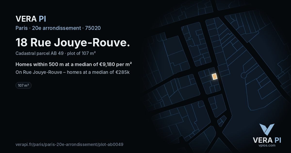 18 Rue Jouye-Rouve, 20e arrondissement at night – the plot lit, the parcels around coloured by the prices near them