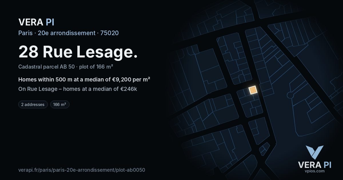 28 Rue Lesage, 20e arrondissement at night – the plot lit, the parcels around coloured by the prices near them