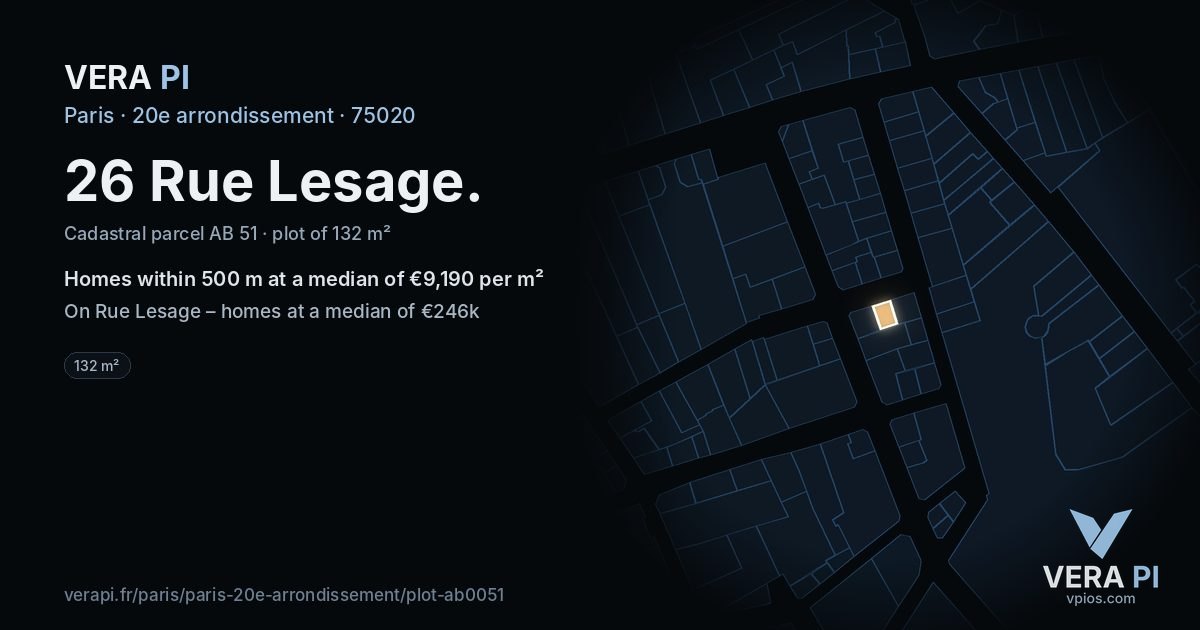 26 Rue Lesage, 20e arrondissement at night – the plot lit, the parcels around coloured by the prices near them