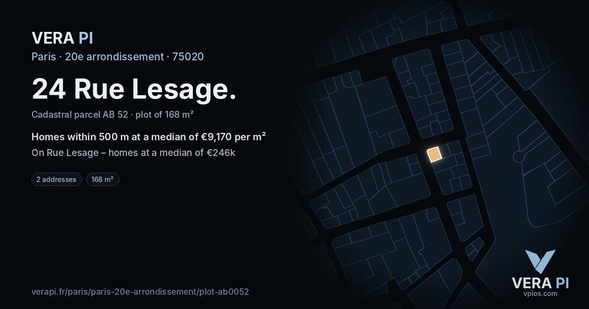 24 Rue Lesage, 20e arrondissement at night – the plot lit, the parcels around coloured by the prices near them