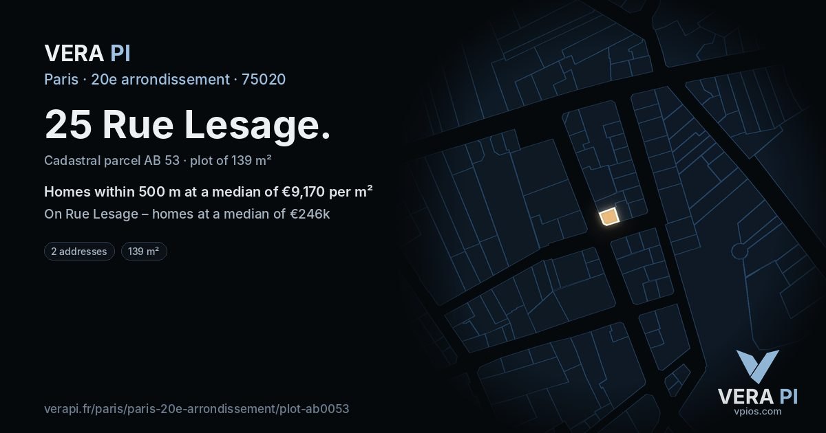 25 Rue Lesage, 20e arrondissement at night – the plot lit, the parcels around coloured by the prices near them