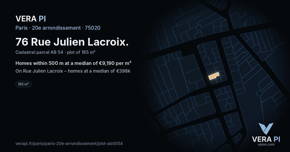 76 Rue Julien Lacroix, 20e arrondissement at night – the plot lit, the parcels around coloured by the prices near them
