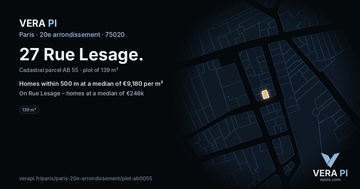 27 Rue Lesage, 20e arrondissement at night – the plot lit, the parcels around coloured by the prices near them