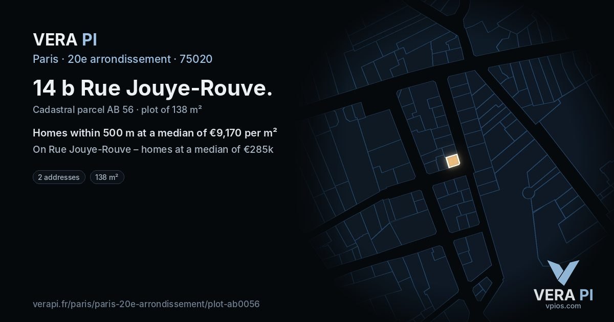 14 b Rue Jouye-Rouve, 20e arrondissement at night – the plot lit, the parcels around coloured by the prices near them