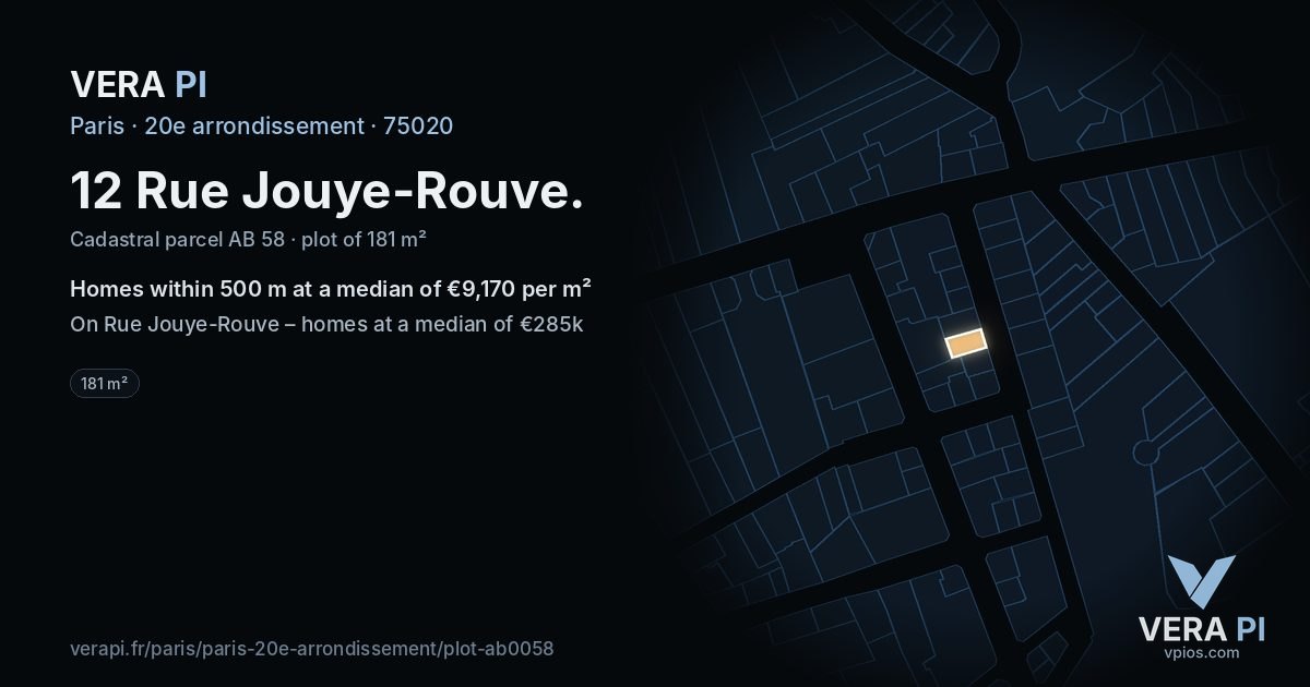 12 Rue Jouye-Rouve, 20e arrondissement at night – the plot lit, the parcels around coloured by the prices near them