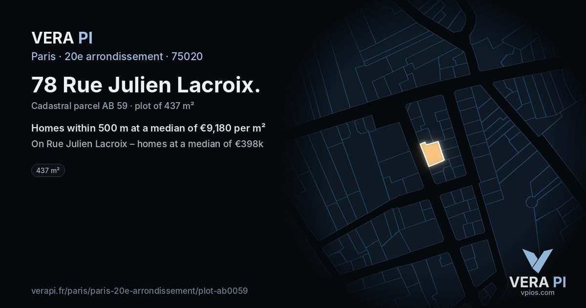 78 Rue Julien Lacroix, 20e arrondissement at night – the plot lit, the parcels around coloured by the prices near them