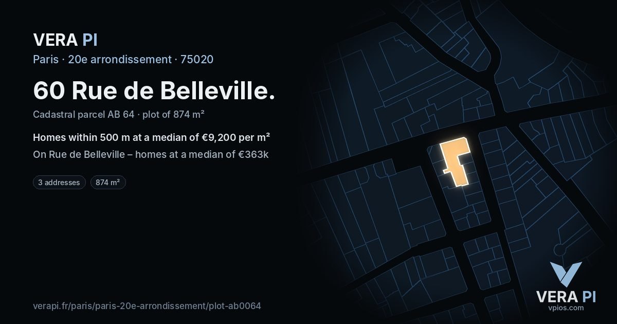 60 Rue de Belleville, 20e arrondissement at night – the plot lit, the parcels around coloured by the prices near them