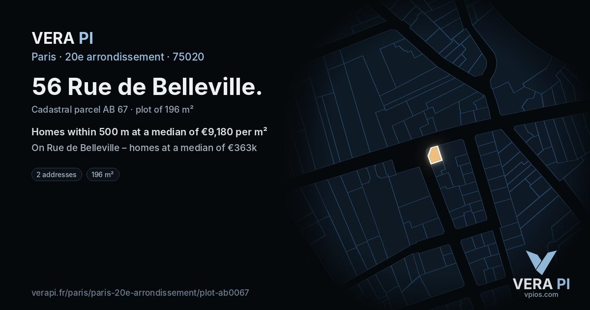 56 Rue de Belleville, 20e arrondissement at night – the plot lit, the parcels around coloured by the prices near them