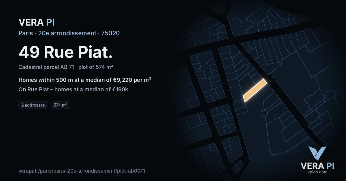49 Rue Piat, 20e arrondissement at night – the plot lit, the parcels around coloured by the prices near them