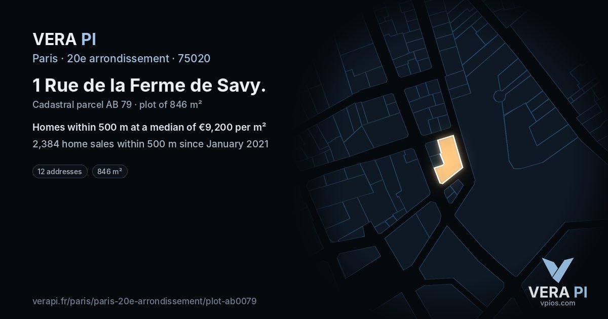 1 Rue de la Ferme de Savy, 20e arrondissement at night – the plot lit, the parcels around coloured by the prices near them