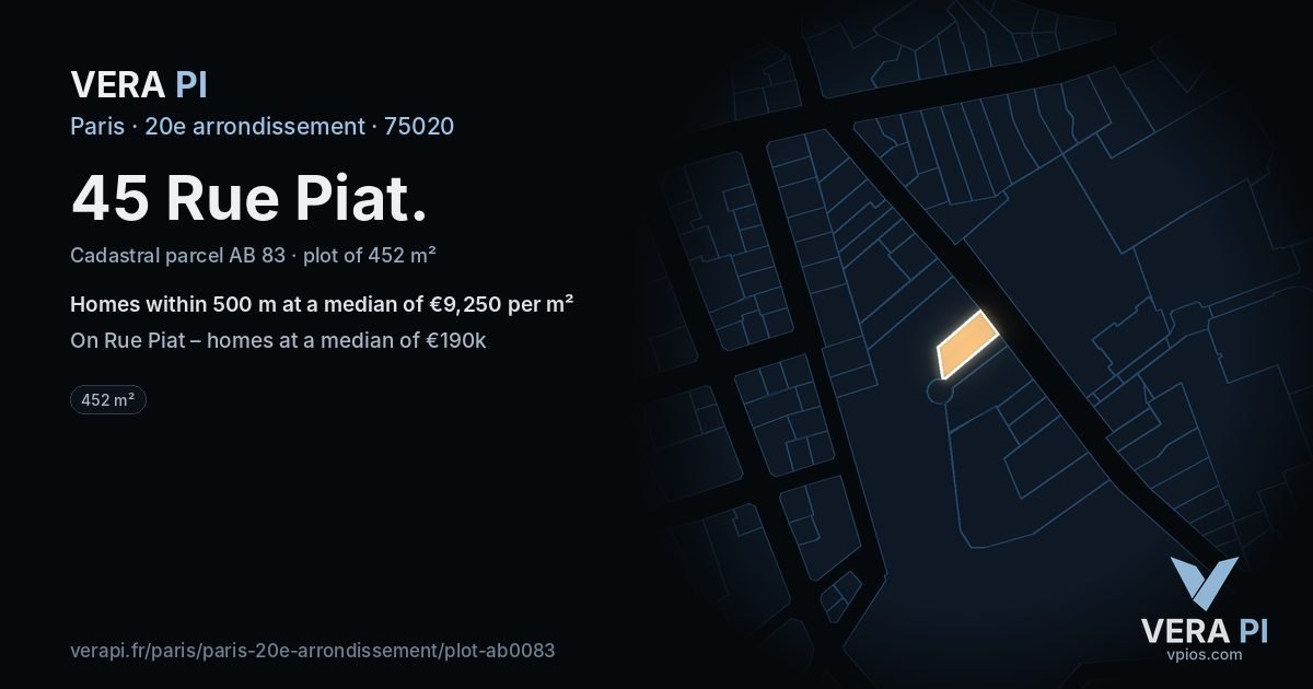45 Rue Piat, 20e arrondissement at night – the plot lit, the parcels around coloured by the prices near them