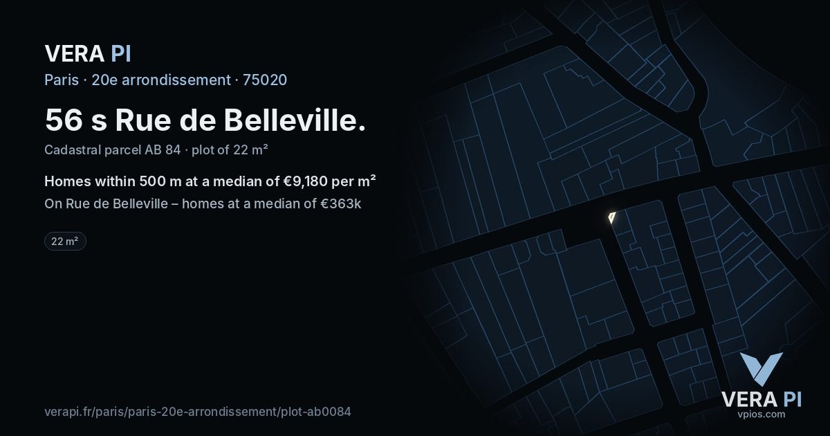 56 s Rue de Belleville, 20e arrondissement at night – the plot lit, the parcels around coloured by the prices near them