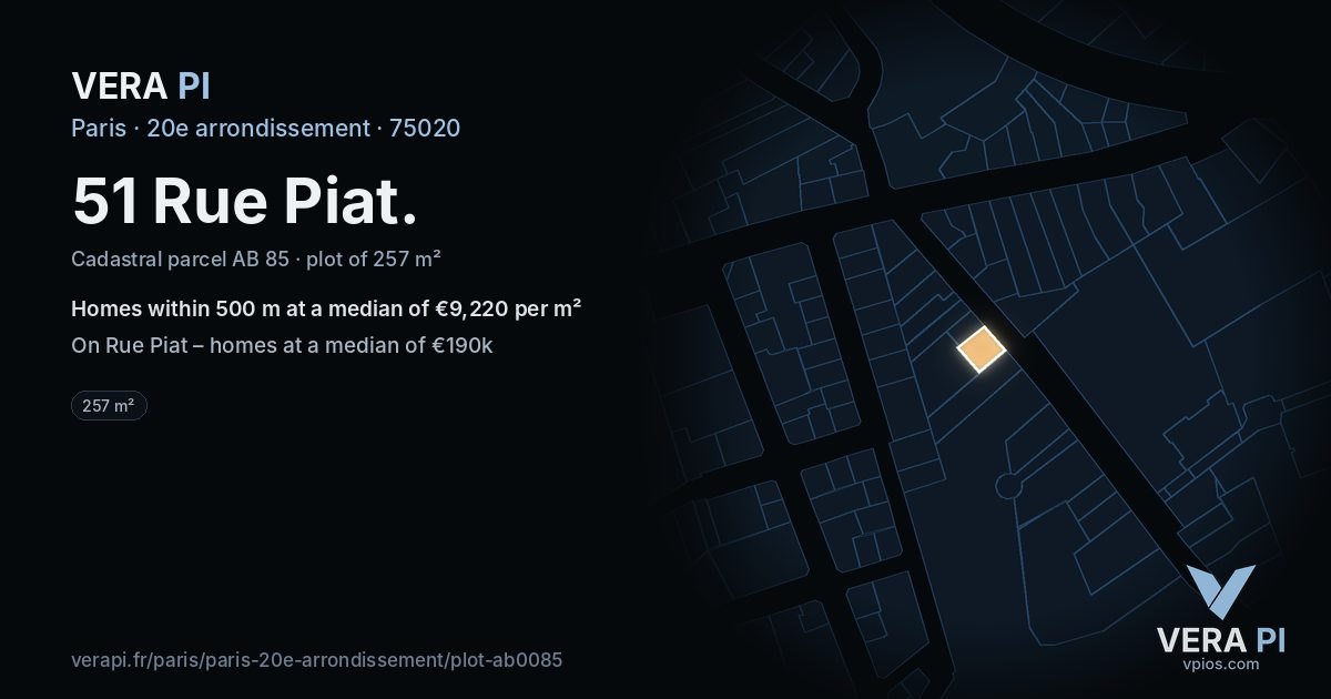 51 Rue Piat, 20e arrondissement at night – the plot lit, the parcels around coloured by the prices near them