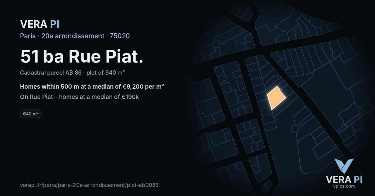 51 ba Rue Piat, 20e arrondissement at night – the plot lit, the parcels around coloured by the prices near them