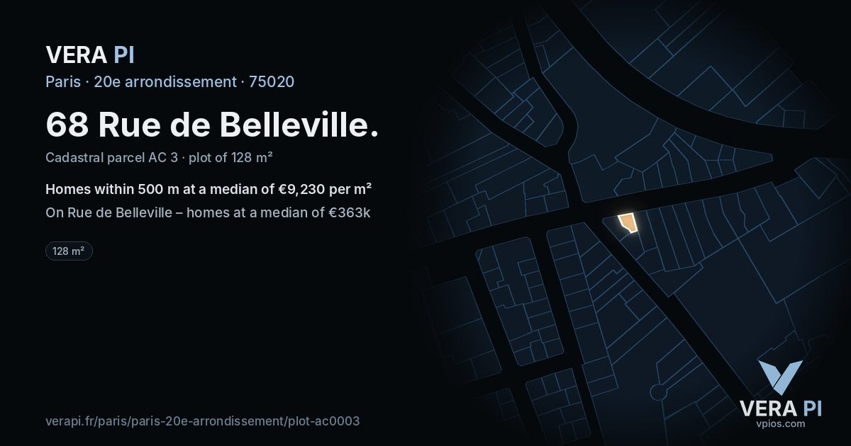 68 Rue de Belleville, 20e arrondissement at night – the plot lit, the parcels around coloured by the prices near them