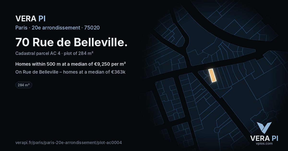 70 Rue de Belleville, 20e arrondissement at night – the plot lit, the parcels around coloured by the prices near them