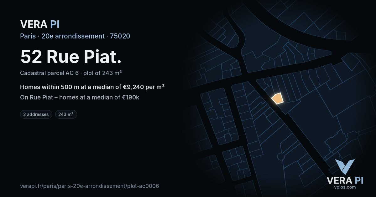 52 Rue Piat, 20e arrondissement at night – the plot lit, the parcels around coloured by the prices near them
