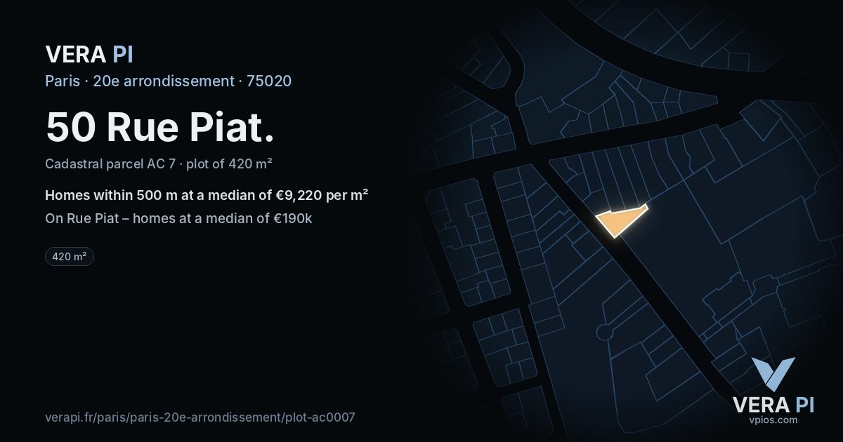 50 Rue Piat, 20e arrondissement at night – the plot lit, the parcels around coloured by the prices near them