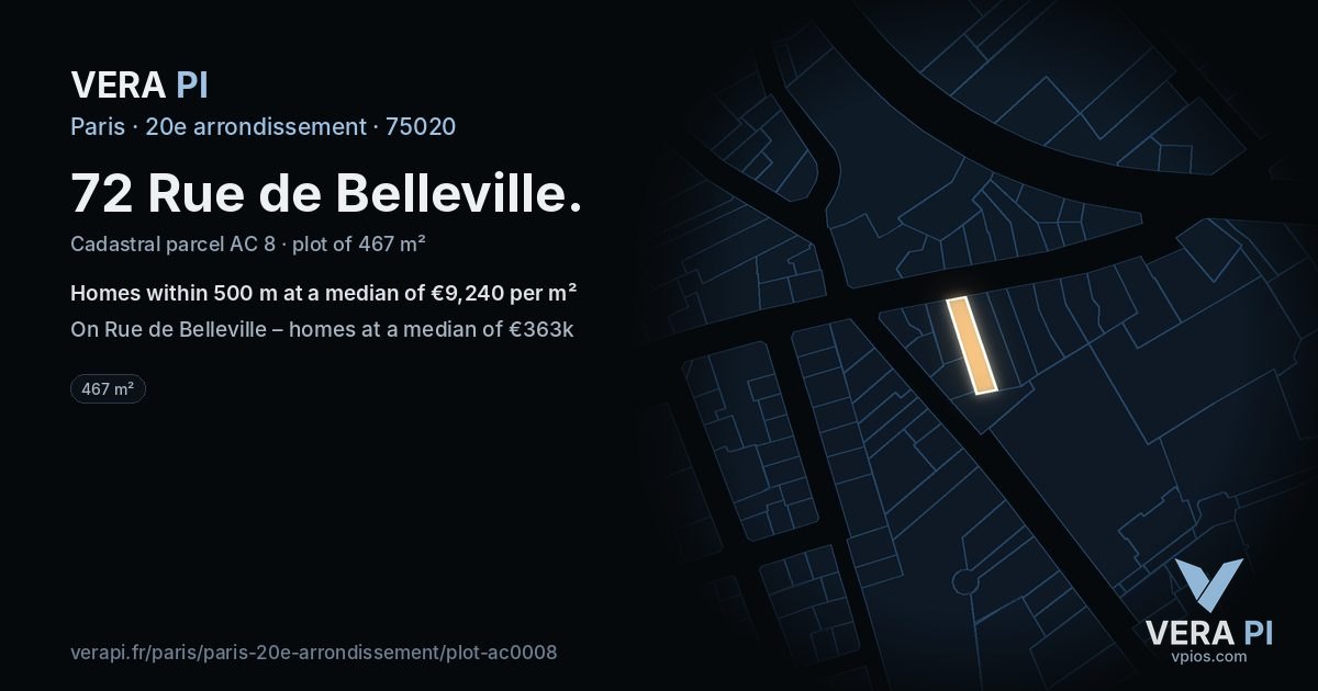 72 Rue de Belleville, 20e arrondissement at night – the plot lit, the parcels around coloured by the prices near them