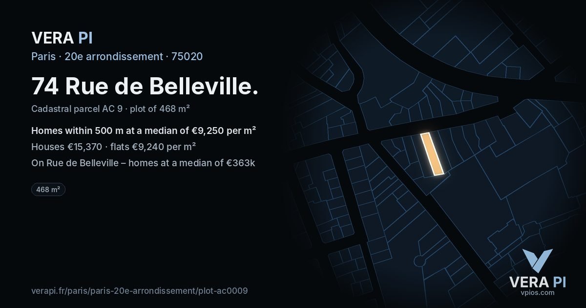 74 Rue de Belleville, 20e arrondissement at night – the plot lit, the parcels around coloured by the prices near them