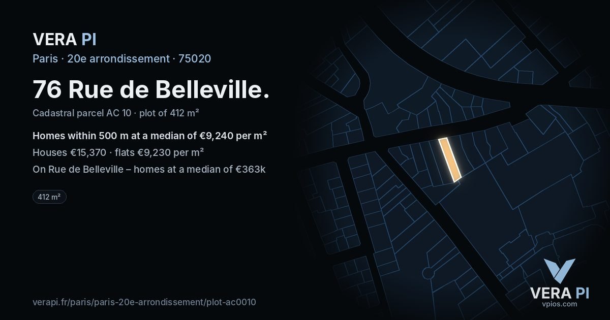 76 Rue de Belleville, 20e arrondissement at night – the plot lit, the parcels around coloured by the prices near them