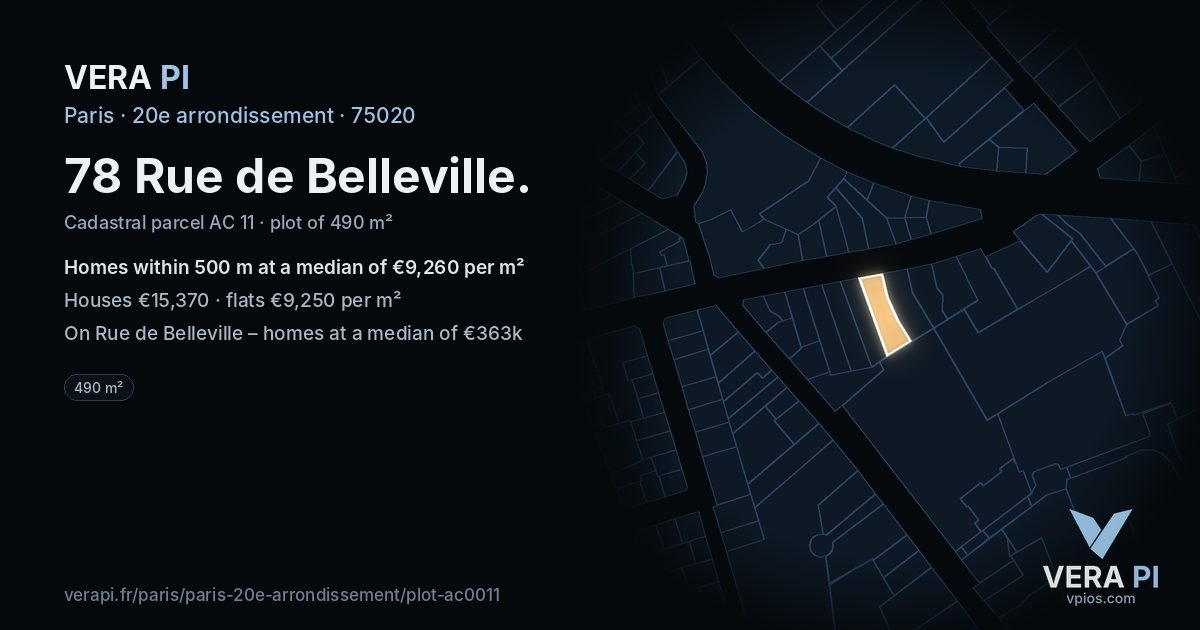 78 Rue de Belleville, 20e arrondissement at night – the plot lit, the parcels around coloured by the prices near them
