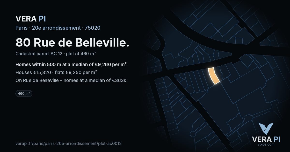 80 Rue de Belleville, 20e arrondissement at night – the plot lit, the parcels around coloured by the prices near them