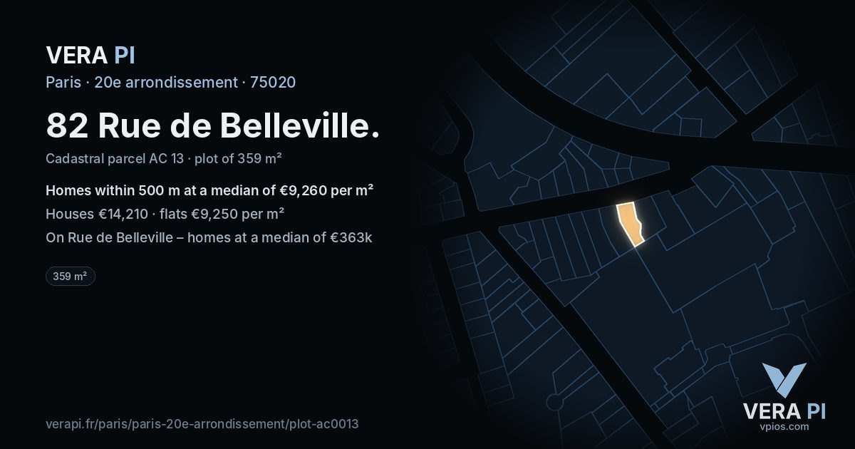 82 Rue de Belleville, 20e arrondissement at night – the plot lit, the parcels around coloured by the prices near them