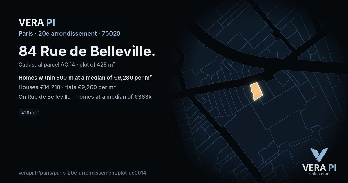 84 Rue de Belleville, 20e arrondissement at night – the plot lit, the parcels around coloured by the prices near them