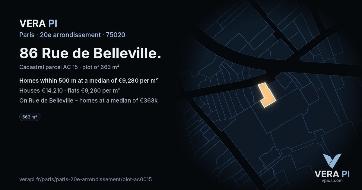 86 Rue de Belleville, 20e arrondissement at night – the plot lit, the parcels around coloured by the prices near them
