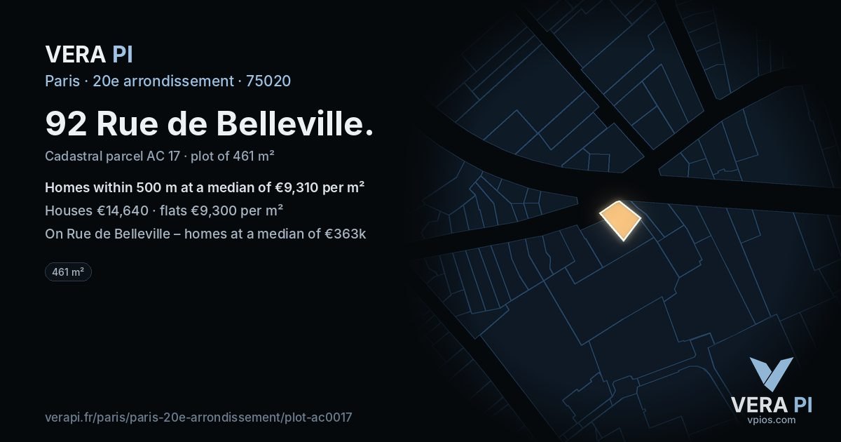 92 Rue de Belleville, 20e arrondissement at night – the plot lit, the parcels around coloured by the prices near them
