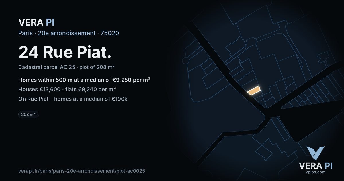 24 Rue Piat, 20e arrondissement at night – the plot lit, the parcels around coloured by the prices near them