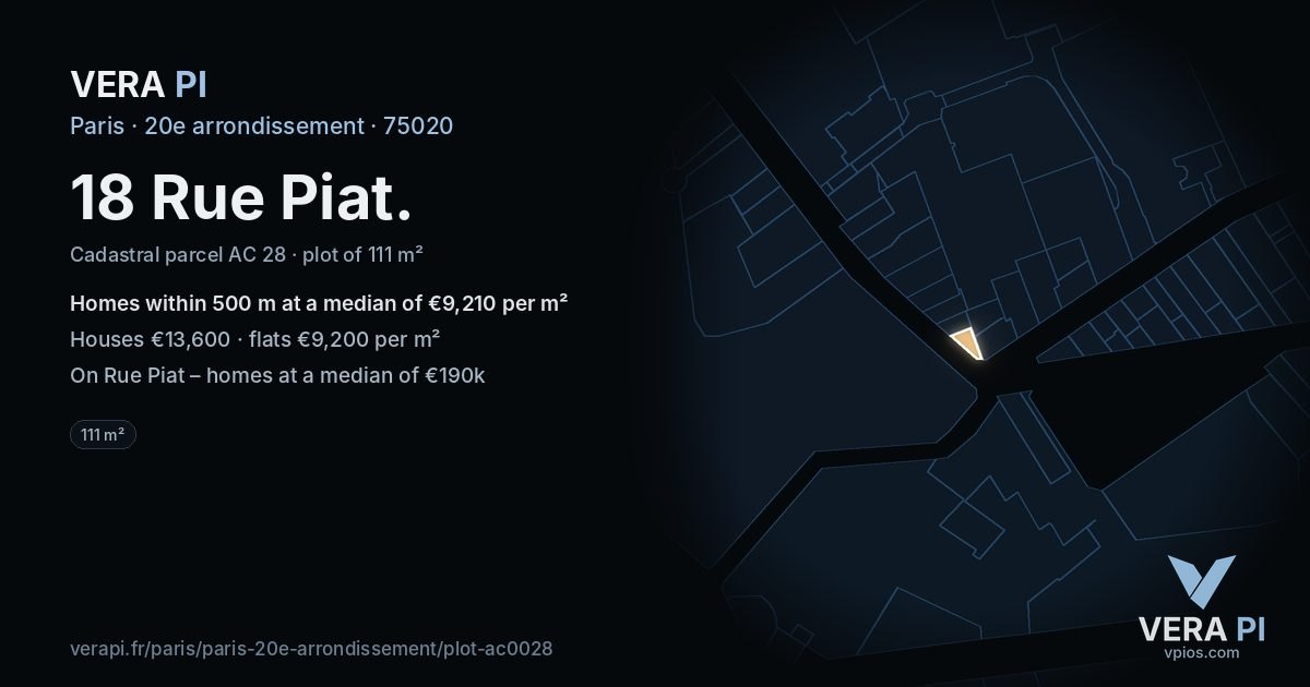 18 Rue Piat, 20e arrondissement at night – the plot lit, the parcels around coloured by the prices near them