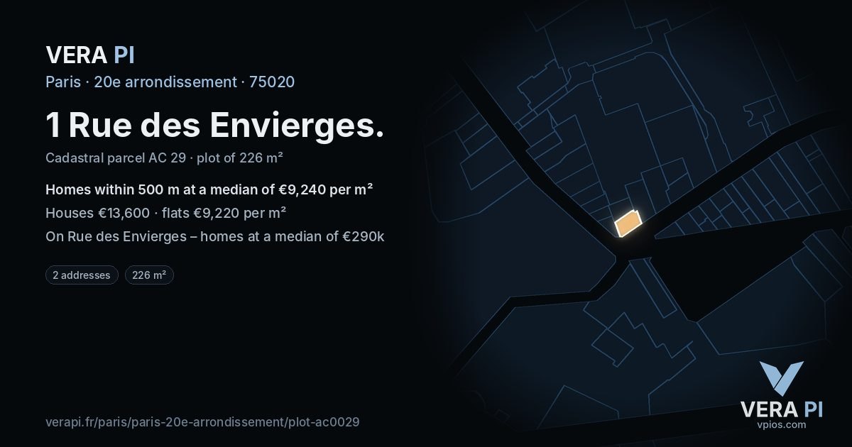 1 Rue des Envierges, 20e arrondissement at night – the plot lit, the parcels around coloured by the prices near them