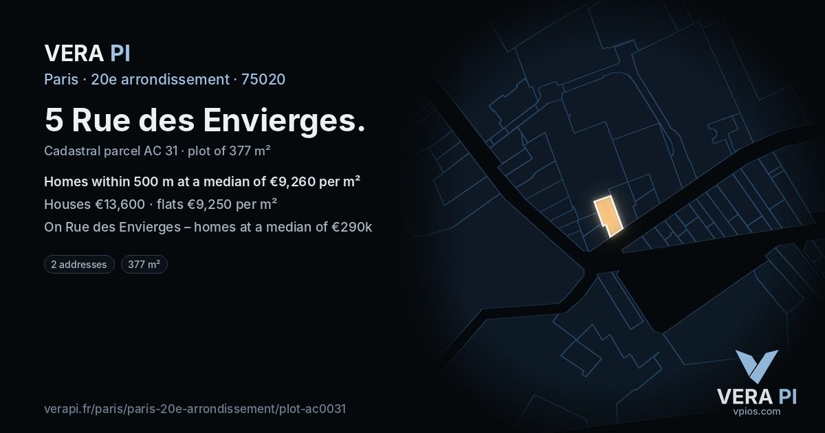 5 Rue des Envierges, 20e arrondissement at night – the plot lit, the parcels around coloured by the prices near them