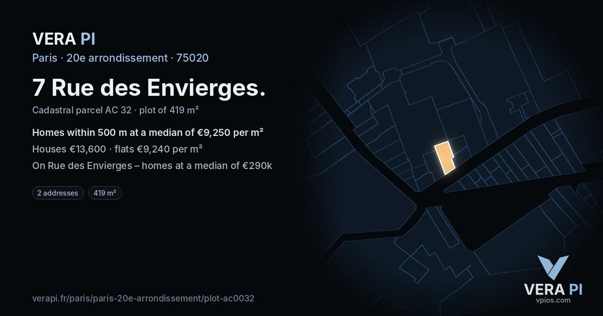 7 Rue des Envierges, 20e arrondissement at night – the plot lit, the parcels around coloured by the prices near them