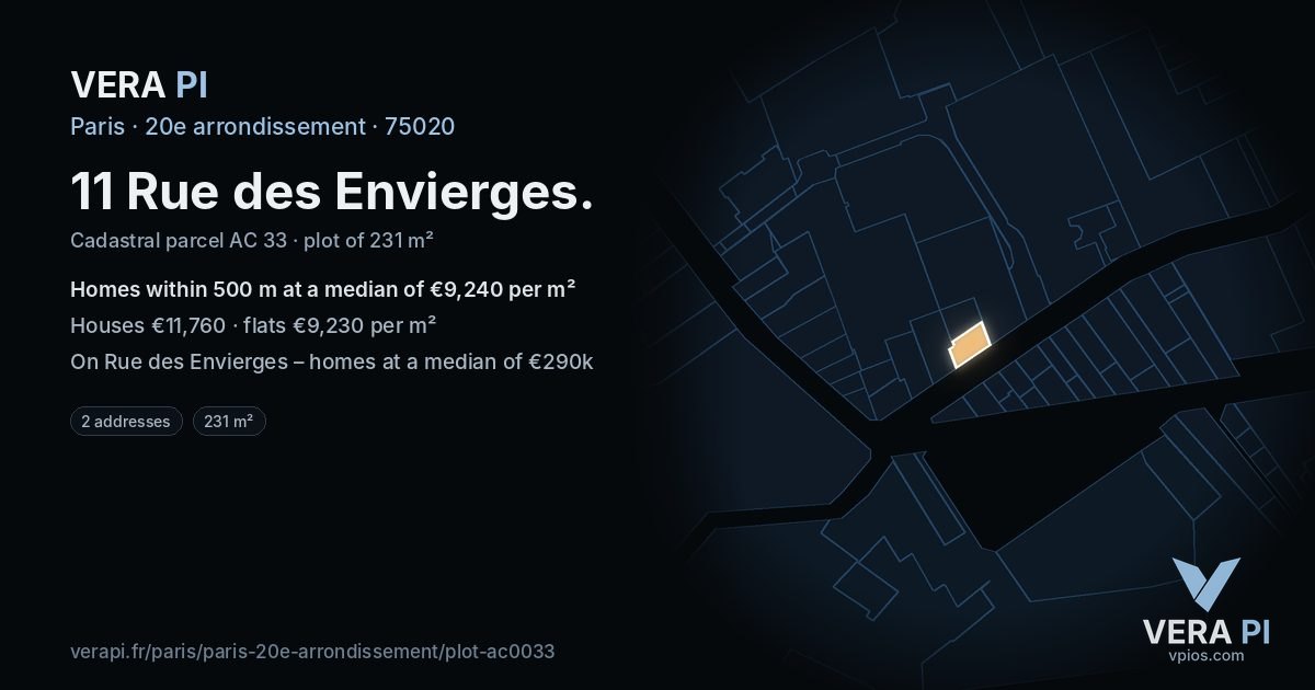 11 Rue des Envierges, 20e arrondissement at night – the plot lit, the parcels around coloured by the prices near them