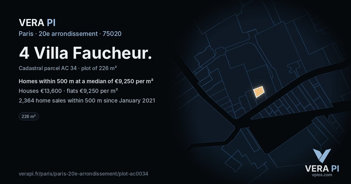 4 Villa Faucheur, 20e arrondissement at night – the plot lit, the parcels around coloured by the prices near them