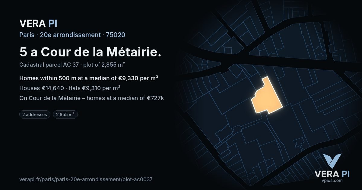 5 a Cour de la Métairie, 20e arrondissement at night – the plot lit, the parcels around coloured by the prices near them
