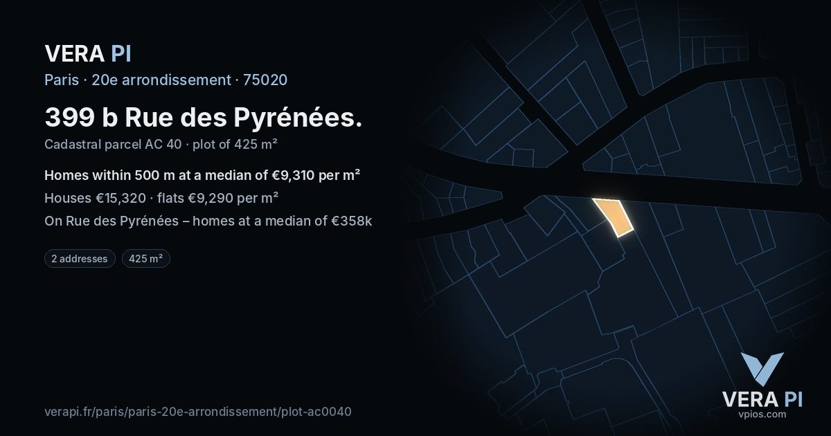 399 b Rue des Pyrénées, 20e arrondissement at night – the plot lit, the parcels around coloured by the prices near them