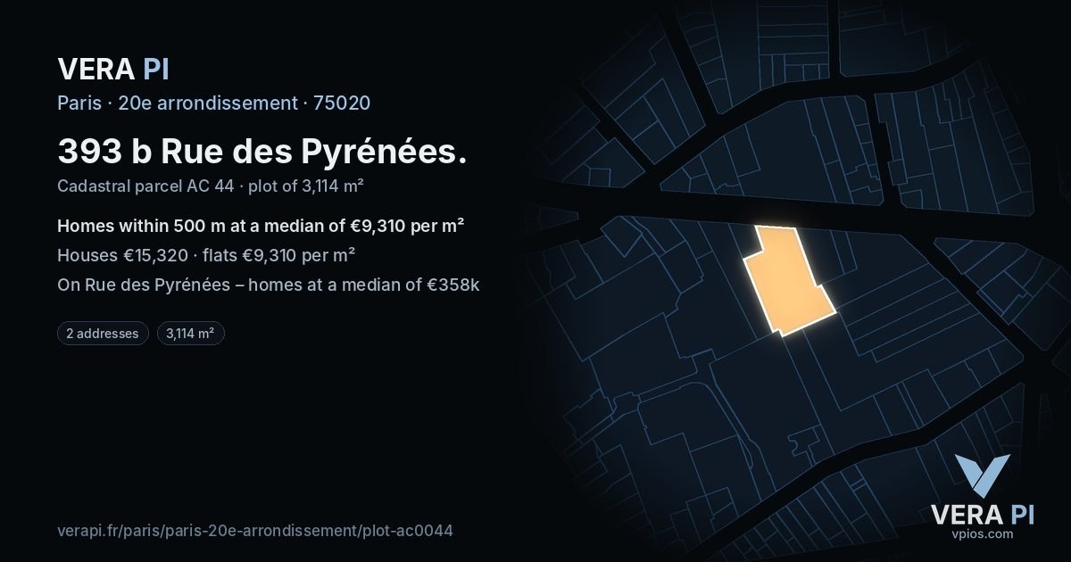 393 b Rue des Pyrénées, 20e arrondissement at night – the plot lit, the parcels around coloured by the prices near them