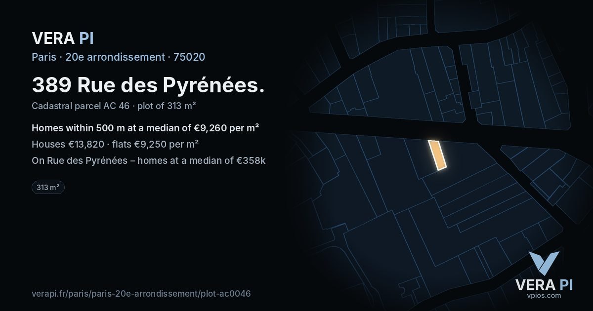 389 Rue des Pyrénées, 20e arrondissement at night – the plot lit, the parcels around coloured by the prices near them
